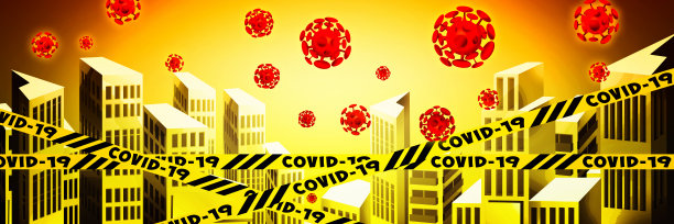 停止COVID-19 !彩色背景上卡通风格的冠状病毒大城市。有创意的海报或传单。图片下载