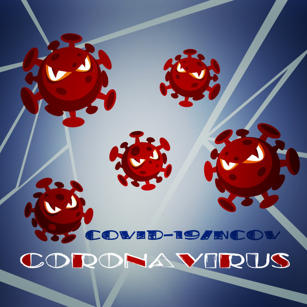 停止COVID-19 !在抽象的彩色背景上有卡通风格的冠状病毒。有创意的海报或传单。图片下载