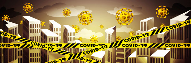 停止COVID-19 !彩色背景上卡通风格的冠状病毒大城市。有创意的海报或传单。图片下载
