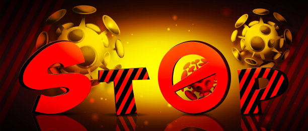 停止COVID-19 !在抽象的彩色背景上带有3D卡通风格文本的冠状病毒。有创意的海报或传单。图片下载