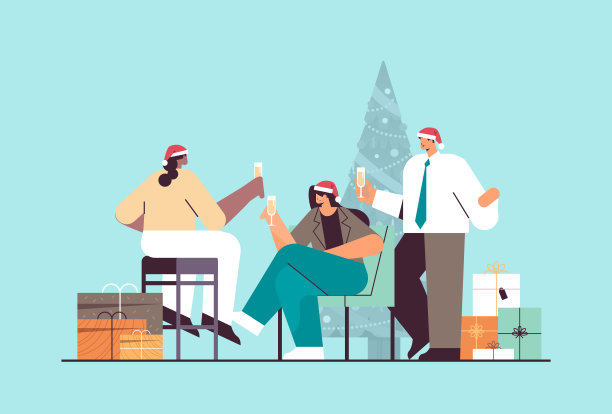 人们戴着圣诞帽，喝着香槟，商人庆祝公司聚会，新年，圣诞节庆祝活动图片下载
