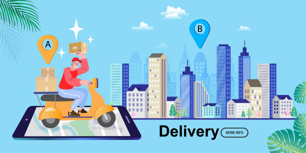 电子商务的概念。在线购物。网上送货服务理念。通过移动电话用滑板车快速送货。男人骑摩托车。矢量插图。图片下载