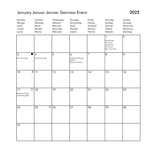 2022年1月国际日历，带假期图片下载