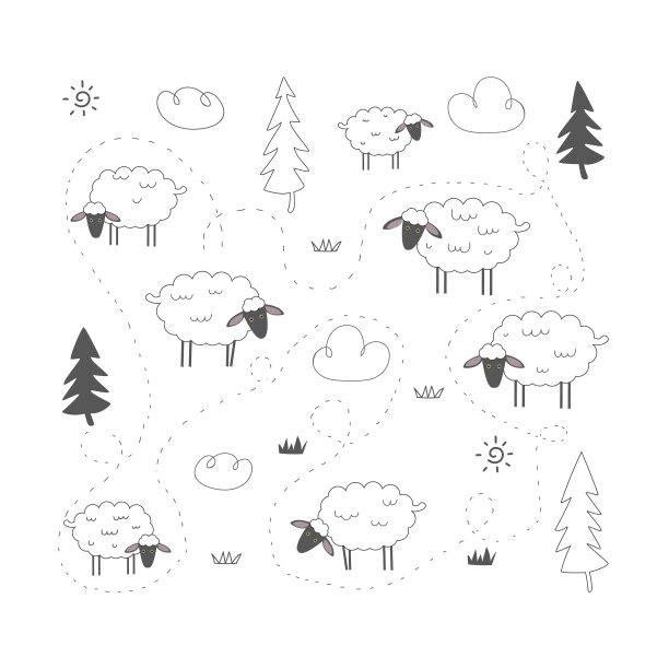 向量集合的白色绵羊与黑色的口，云和树。线性风格的绵羊。带着羊羔的儿童地图。图片下载