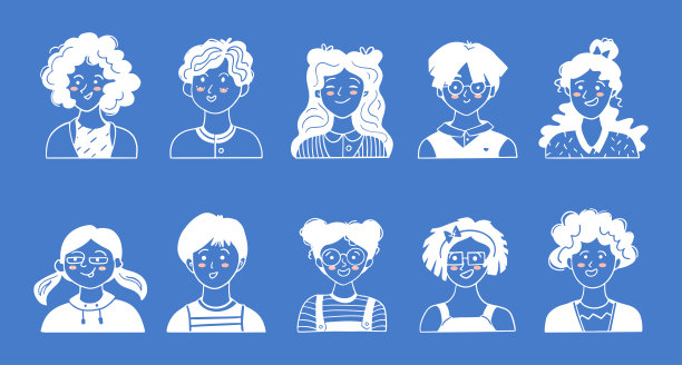 儿童肖像套装，平面设计。儿童阿凡达，卡通插图在矢量。蓝色背景上的用户图标。图片下载