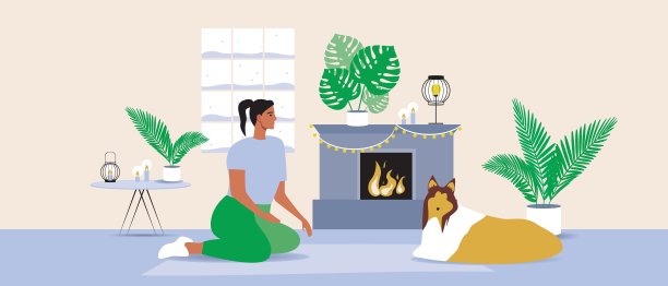 女人带着宠物狗在壁炉旁，hygge房间，平面矢量图库插图与冬季室内与壁炉和人和狗在一起图片下载