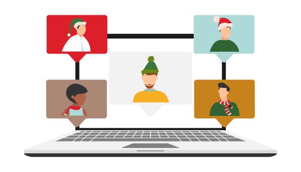 2022年，人们通过视频电话或网络会议祝圣诞快乐、新年快乐、庆祝节日和赠送礼物。平面矢量插图的网页，横幅，海报图片下载