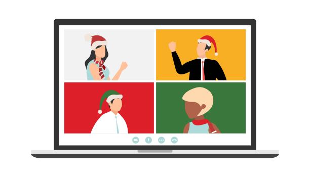 2022年，人们通过视频电话或网络会议祝圣诞快乐、新年快乐、庆祝节日和赠送礼物。平面矢量插图的网页，横幅，海报图片下载