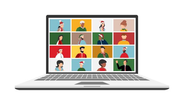 2022年，人们通过视频电话或网络会议祝圣诞快乐、新年快乐、庆祝节日和赠送礼物。平面矢量插图的网页，横幅，海报图片下载