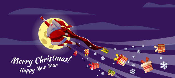 圣诞老人滑稽地扮演超级英雄，穿着斗篷在地球上空的太空中飞行，分发礼盒。圣诞快乐海报背景卡通风格插图图片下载