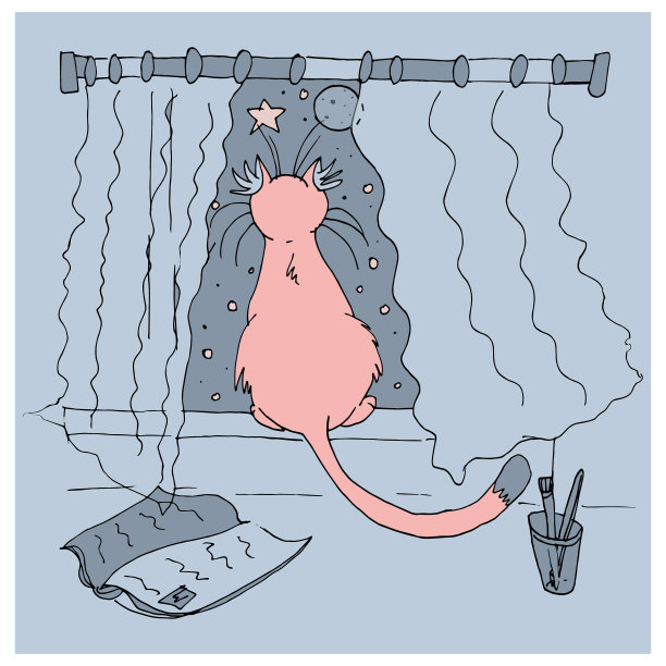 红猫剪影坐在窗边，看着月亮。向量速写插图。图片下载