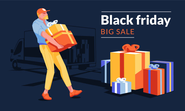 黑色星期五广告购物促销概念。卡车快递服务有多种不同的礼品。广告文本。平面卡通矢量插图图片下载
