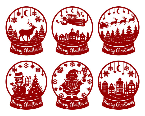 雪球向量集。剪纸模板。圣诞快乐短语。插图孤立在白色。图片下载