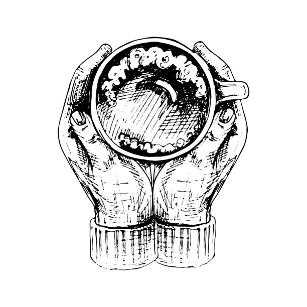 两只手抱着一杯咖啡。前视图。黑色复古雕刻图片下载