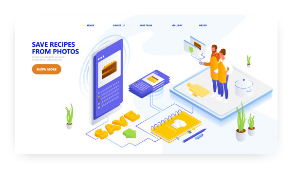 保存食物食谱从照片，着陆页设计，网站旗帜矢量模板。食谱保存移动应用程序。图片下载