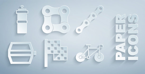 设置棋盘旗，自行车链，踏板，和运动水瓶与水图标。向量图片下载