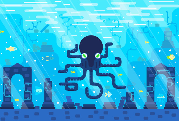 大章鱼在一个被淹没的城市废墟的海底矢量插图在平坦的卡通斯蒂尔图片下载