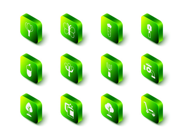 设置蝴蝶，胡萝卜，铲子，水龙头，割草机，花园耙，森林和肥料喷雾器图标。向量图片下载