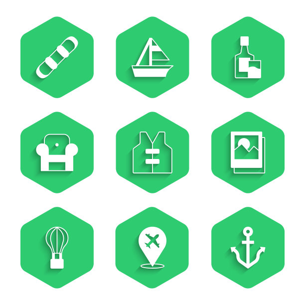 设置救生衣，飞机，锚，照片，热气球，扶手椅，威士忌酒瓶和玻璃和滑雪板图标。向量图片下载