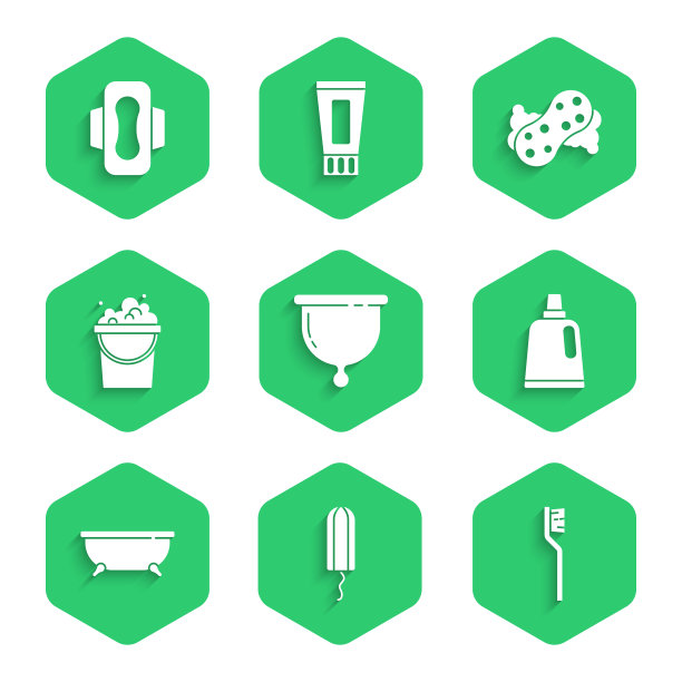 套装月经杯、卫生棉条、牙刷、清洗剂瓶、浴缸、装肥皂泡沫的桶、海绵、餐巾图标。向量图片下载