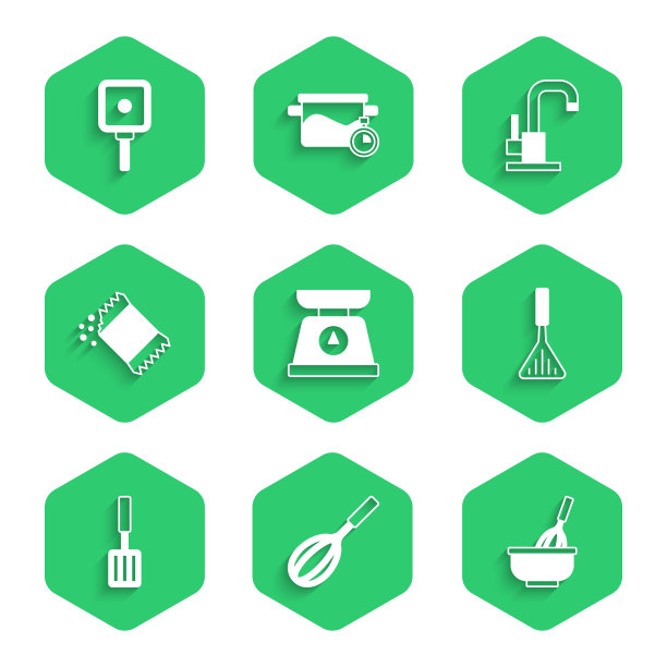 设置天平，厨房搅拌器，与碗，烧烤铲，包胡椒，水龙头和煎锅图标。向量图片下载