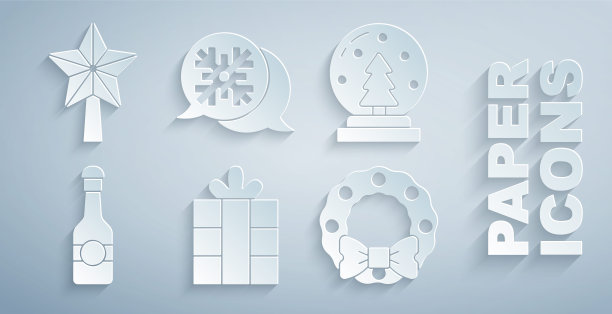 礼品盒，圣诞雪花球，香槟瓶，花环，雪花演讲气泡和明星图标。向量图片下载