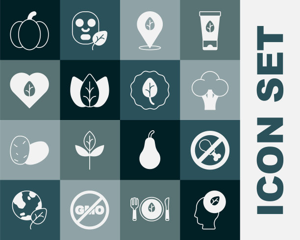 人头里面有叶子，没有肉，西兰花，素食饮食，叶子或叶子，南瓜和图标。向量图片下载