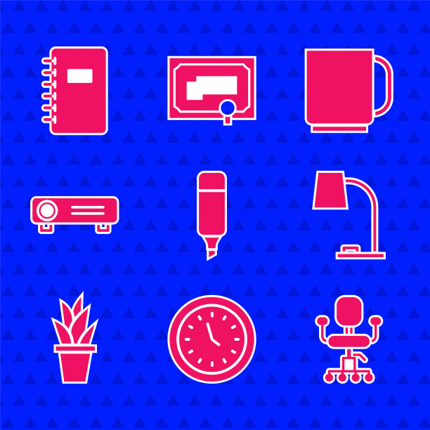 设置标记笔，时钟，办公椅，台灯，植物在锅，电影，电影，媒体投影仪，咖啡杯和螺旋笔记本图标。向量图片下载