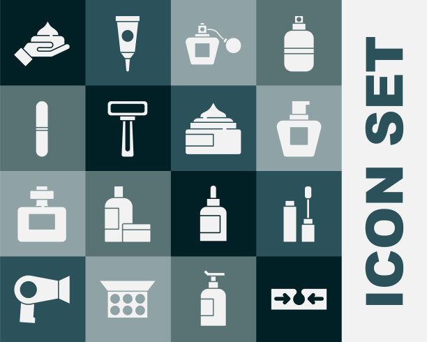 设置痤疮，睫毛刷，霜或乳液化妆品管，香水，剃须刀，指甲锉刀，和图标。向量图片下载
