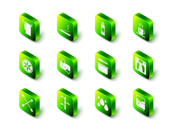 集有香味的spa棒，护肤霜或乳液化妆管，茶杯茶包，浴室秤，玻璃水，桑拿桶和勺子，水滴和竹茎叶图标。向量图片下载