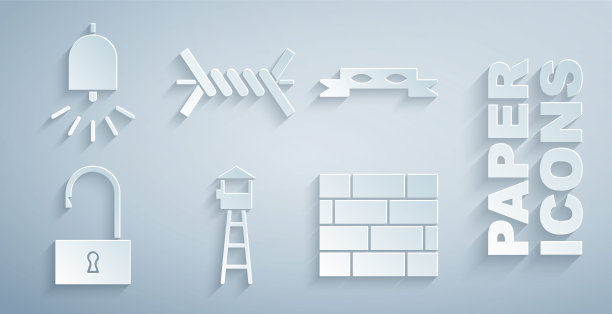 设置瞭望塔，小偷眼睛面具，打开挂锁，砖，铁丝网和响铃警报图标。向量图片下载