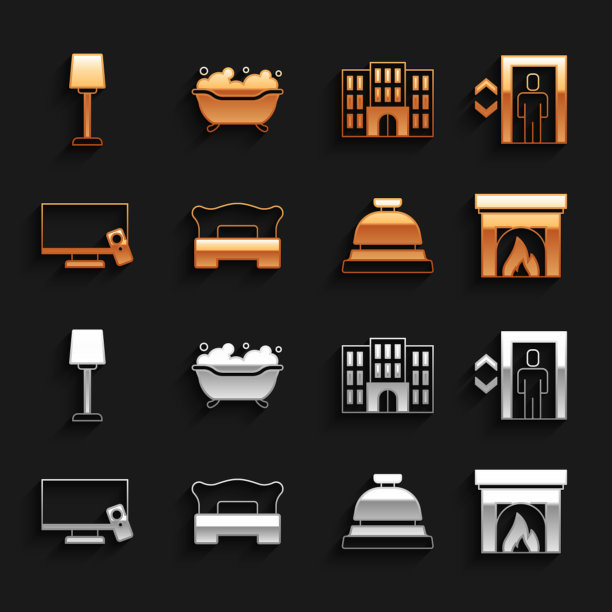 设有卧室，电梯，室内壁炉，酒店服务铃，智能电视，建筑，台灯和浴缸图标。向量图片下载