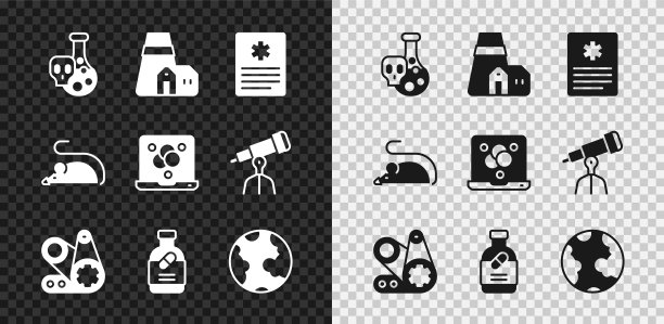 设置装有有毒液体的试管，电站装置，病人记录，定时带套件，药瓶和药丸，地球地球仪，实验小鼠和化学配方图标。向量图片下载