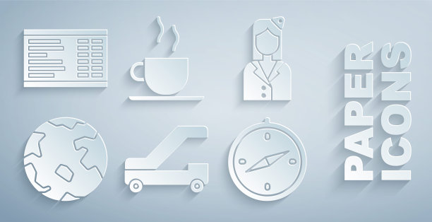 设置乘客登机梯，空中小姐，环球，指南针，咖啡杯和机场图标。向量图片下载