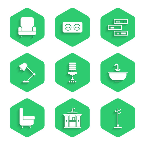 配置办公椅，洗脸盆橱柜与水龙头，衣帽架，水，扶手椅，台灯，书架书籍和图标。向量图片下载