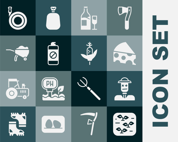 设置植物，稻草人，奶酪，玻璃瓶，花园肥料喷雾器，手推车泥土，软管和玉米图标。向量图片下载