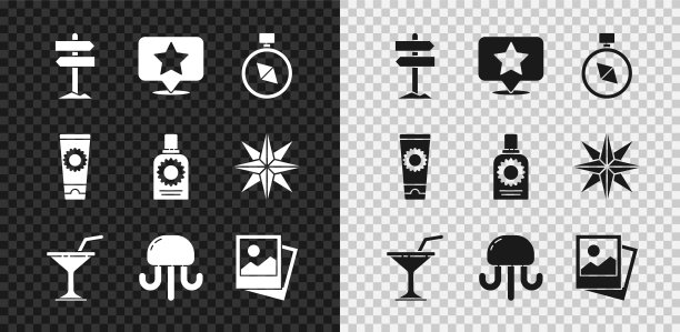 设置道路交通路标，星形地图指针，指南针，马提尼玻璃，水母，照片，防晒霜管和喷雾瓶图标。向量图片下载