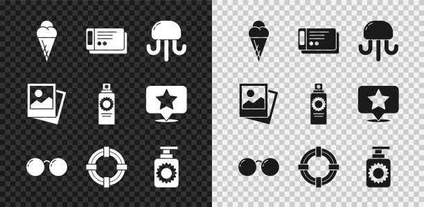 冰淇淋装在华夫筒，机票，水母，眼镜，救生圈，防晒喷雾瓶，照片和图标。向量图片下载