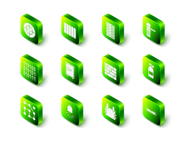 设置花园围栏木，服务器，数据，Web主机，门把手，灭火器，闪光警报器，砖，防弹背心和响铃的警铃图标。向量图片下载