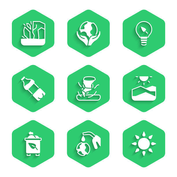 设置龙卷风，气泵喷嘴和地球仪，太阳，干旱，回收站与回收，瓶水，灯泡叶子和冰川融化图标。向量图片下载