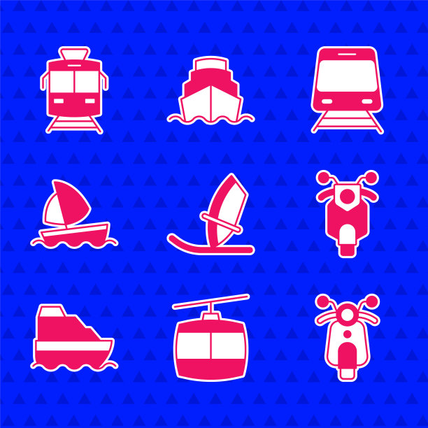 集风帆、缆车、滑板车、游轮、游艇、帆船、火车、铁路和有轨电车为一体。向量图片下载