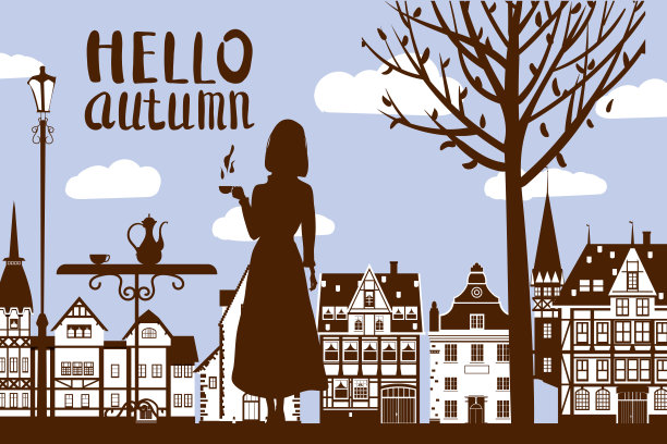 剪影优雅的女孩与一杯咖啡，字母你好秋天，咖啡桌，树，城市房子。矢量图图片下载