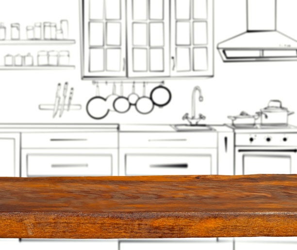 背景是模糊的厨房的木板。这张照片与插图结合在一起。产品广告的复制空间和自由空间。图片下载
