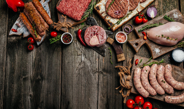 生肉产品，身体的不同部位。碎牛肉串，猪肉，牛肉，鸡肉。横幅，菜单，文本的食谱地方，顶部视图图片下载