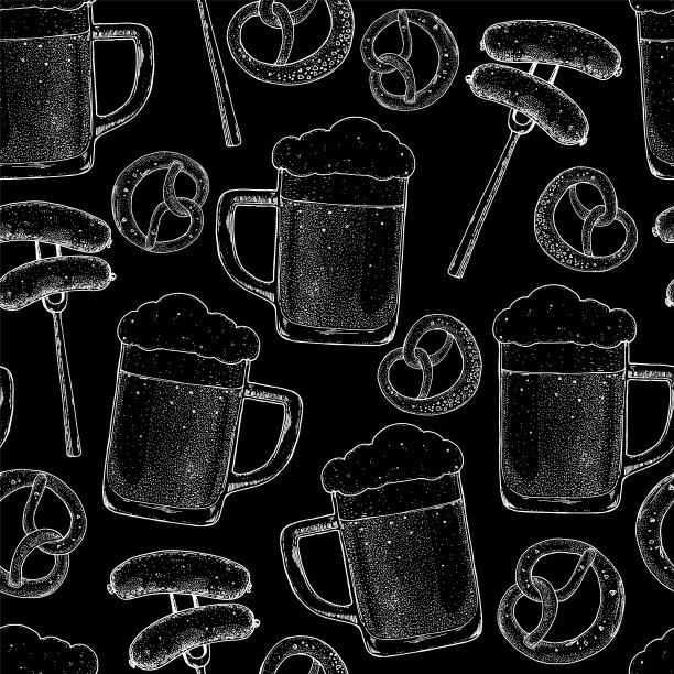 啤酒杯，香肠和椒盐卷饼无缝组合。手绘草图。矢量插图。饮食背景。复古设计模板。图片下载