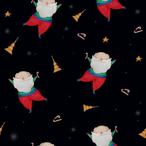 圣诞节无缝模式。可爱的圣诞老人在黑色背景与圣诞树，星星和糖果。水彩。手绘图片下载