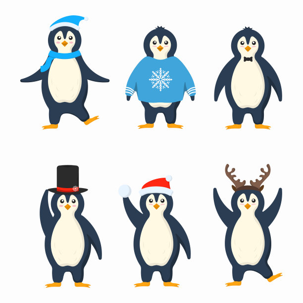 企鹅角色穿着温暖的衣服，平面设计图片下载