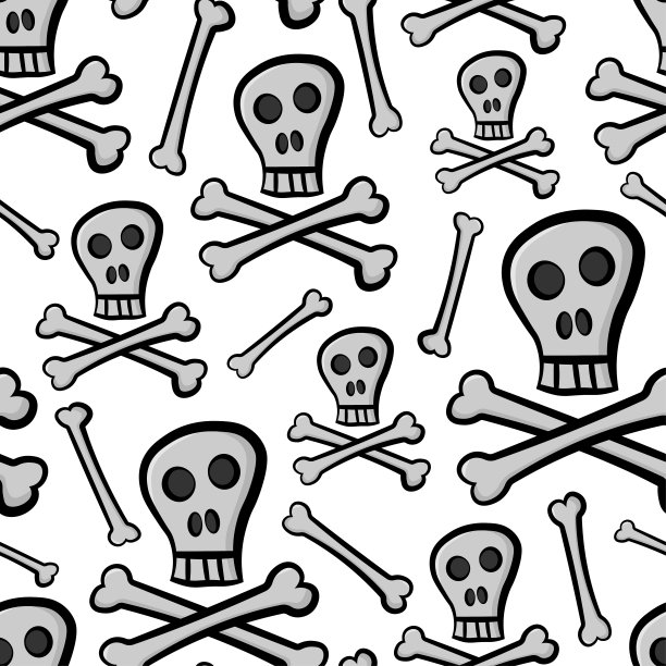 卡通灰色的头骨和骨头孤立在白色的背景。可爱的节日无缝图案。矢量平面图形手绘插图。纹理。图片下载