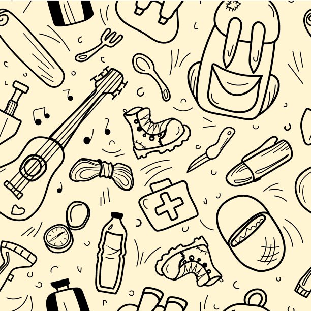 图标的模式与轮廓远足和野营。向量涂鸦集合。图片下载