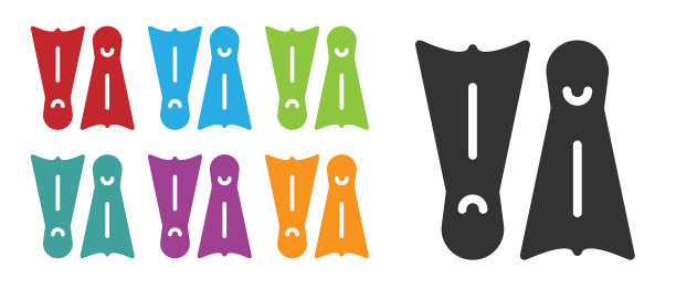 黑色橡胶鳍为游泳图标隔离在白色背景。潜水设备。极限运动。在水下潜水设备。设置图标丰富多彩。向量图片下载